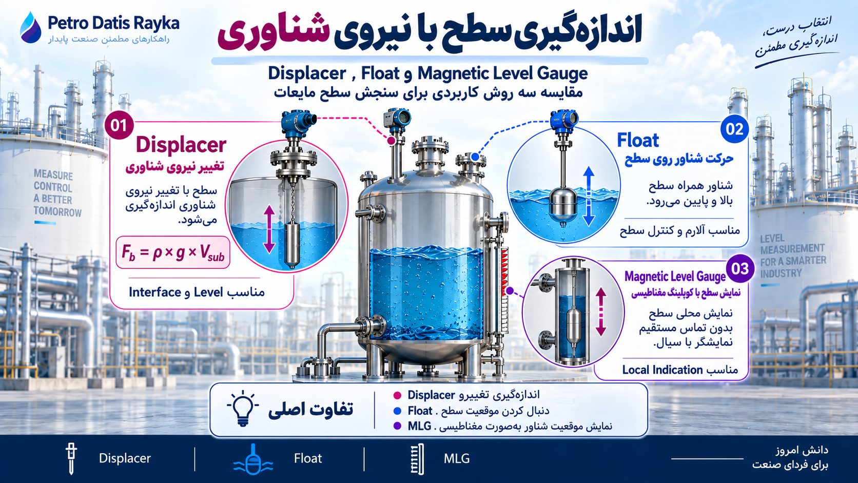 اندازه‌گیری سطح با نیروی شناوری؛ Displacer، Float و Magnetic Level Gauge چگونه کار می‌کنند؟