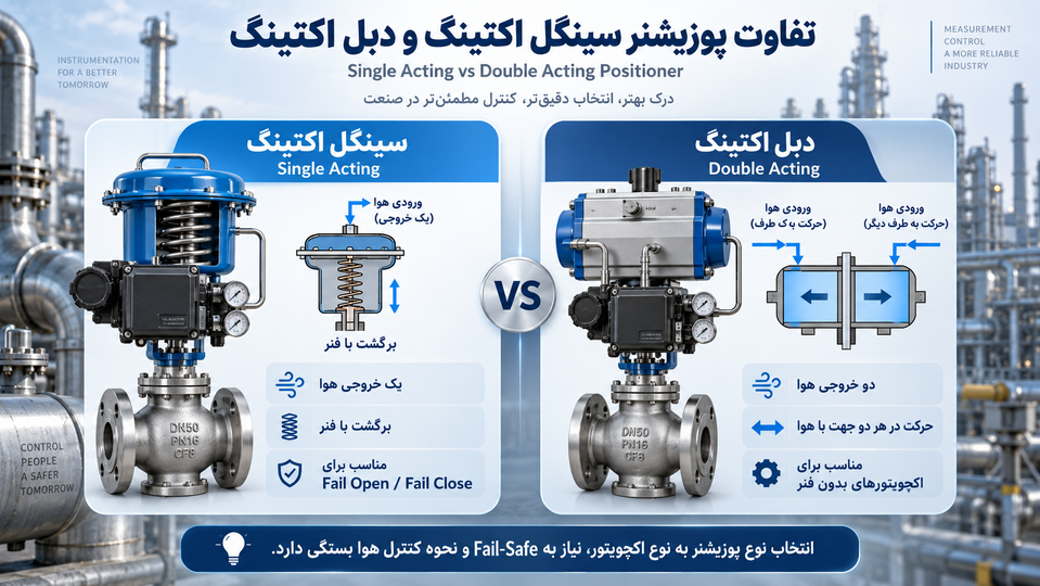 تفاوت پوزیشنر Single Acting و Double Acting چیست؟ راهنمای کامل انتخاب پوزیشنر برای اکچویتورهای پنوماتیکی