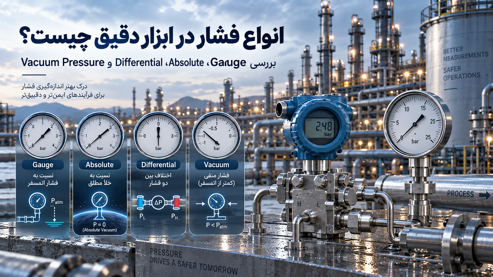 انواع فشار در ابزار دقیق چیست؟ بررسی Gauge، Absolute، Differential و Vacuum Pressure