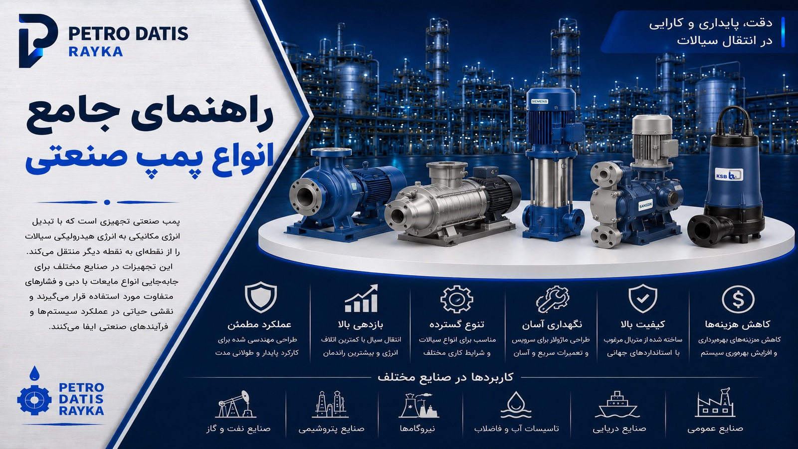 پمپ صنعتی چیست؟ راهنمای جامع انواع پمپ، نحوه عملکرد، اجزا و کاربردها