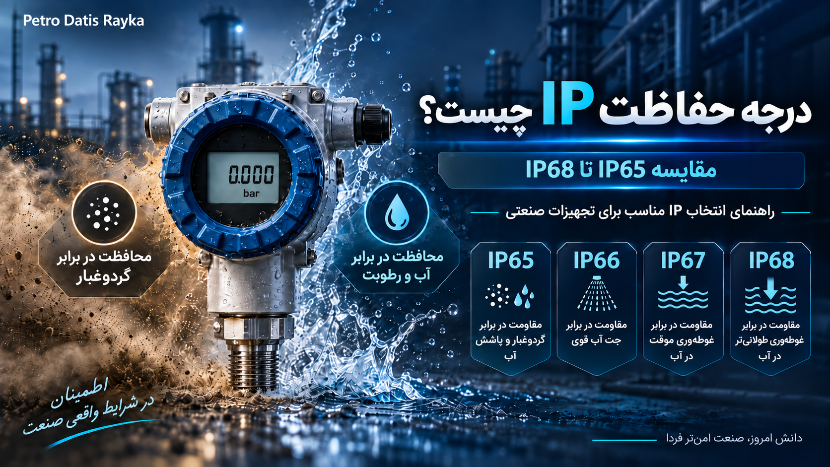 درجه حفاظت IP چیست؟ راهنمای کامل IP65، IP66، IP67 و IP68 در تجهیزات صنعتی