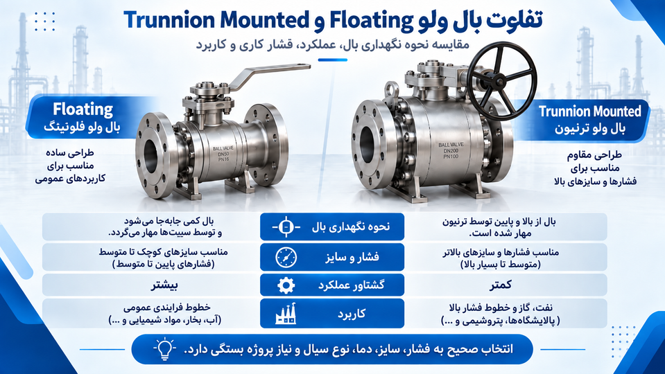 تفاوت بال ولو Floating و Trunnion Mounted چیست؟ راهنمای کامل انتخاب، عملکرد و کاربرد