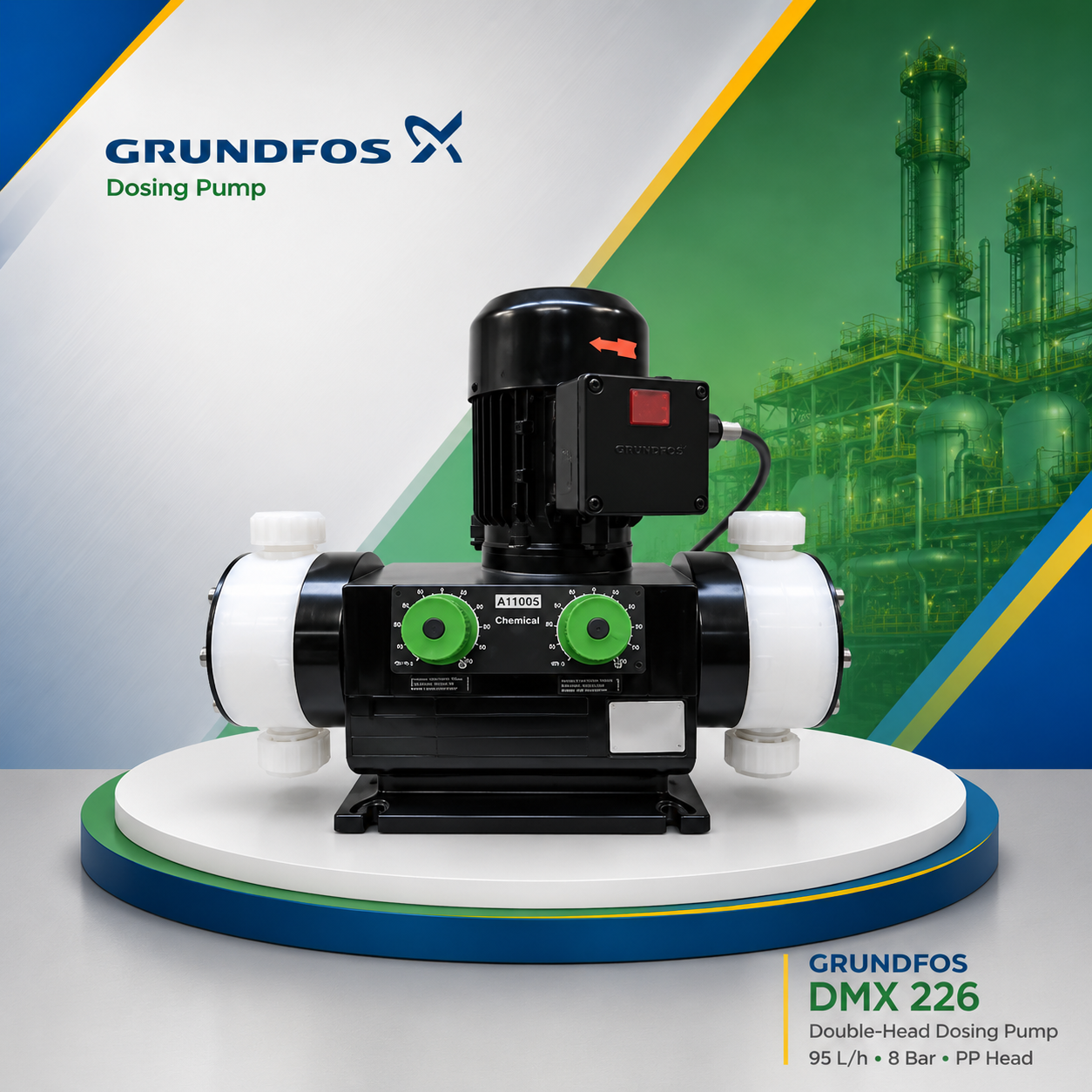 دوزینگ پمپ دوکله گراندفوس DMX 226 با دبی 95 لیتر بر ساعت , فشار 8 بار و هد PP